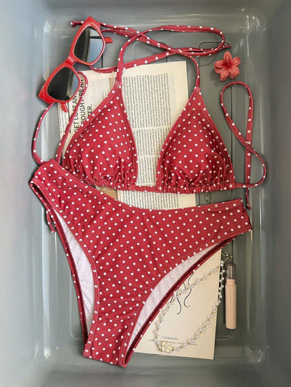 Swim Vcay 2026 Spring/Summer Women's Spaghetti Strap Halter Neck Black Base White Polka Dot Random Print Sweet Cute Side High Cut Bikini Swimwear 2-Piece Set Vacation Bikini Set Pink Bikini Set High Leg Bikini Set Modest Bikini Set Bikini Set