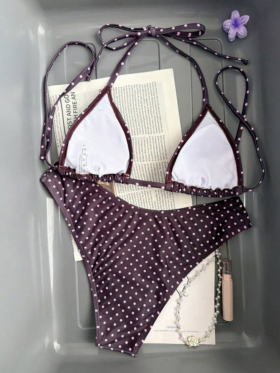 Swim Vcay 2026 Spring/Summer Women's Spaghetti Strap Halter Neck Black Base White Polka Dot Random Print Sweet Cute Side High Cut Bikini Swimwear 2-Piece Set Vacation Bikini Set Pink Bikini Set High Leg Bikini Set Modest Bikini Set Bikini Set