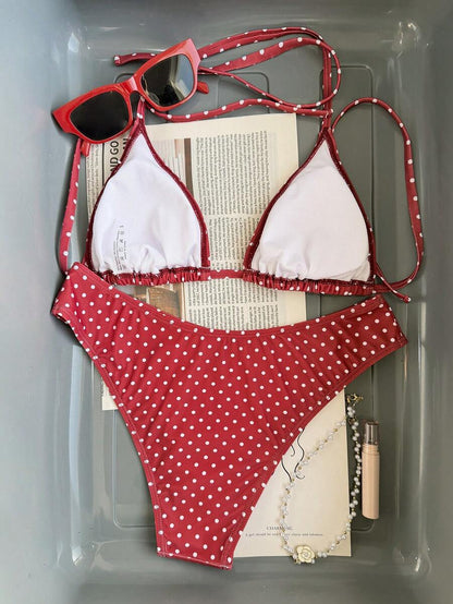 Swim Vcay 2026 Spring/Summer Women's Spaghetti Strap Halter Neck Black Base White Polka Dot Random Print Sweet Cute Side High Cut Bikini Swimwear 2-Piece Set Vacation Bikini Set Pink Bikini Set High Leg Bikini Set Modest Bikini Set Bikini Set