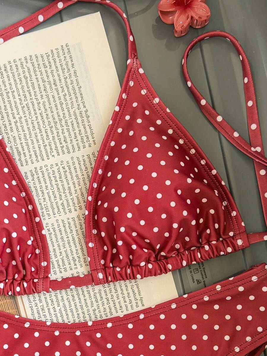 Swim Vcay 2026 Spring/Summer Women's Spaghetti Strap Halter Neck Black Base White Polka Dot Random Print Sweet Cute Side High Cut Bikini Swimwear 2-Piece Set Vacation Bikini Set Pink Bikini Set High Leg Bikini Set Modest Bikini Set Bikini Set