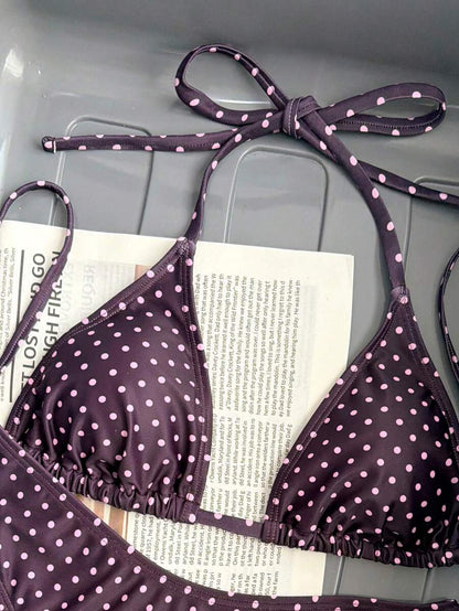 Swim Vcay 2026 Spring/Summer Women's Spaghetti Strap Halter Neck Black Base White Polka Dot Random Print Sweet Cute Side High Cut Bikini Swimwear 2-Piece Set Vacation Bikini Set Pink Bikini Set High Leg Bikini Set Modest Bikini Set Bikini Set
