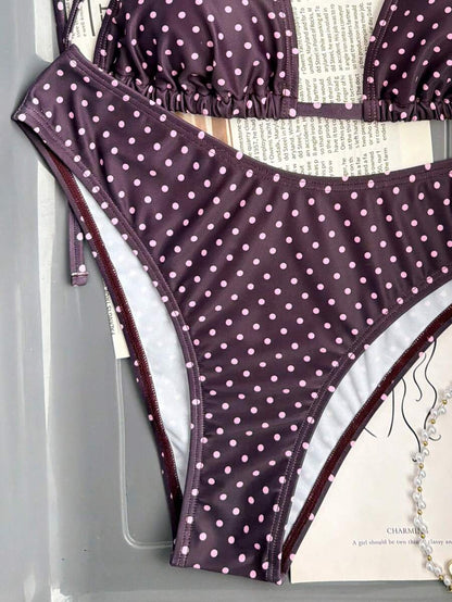 Swim Vcay 2026 Spring/Summer Women's Spaghetti Strap Halter Neck Black Base White Polka Dot Random Print Sweet Cute Side High Cut Bikini Swimwear 2-Piece Set Vacation Bikini Set Pink Bikini Set High Leg Bikini Set Modest Bikini Set Bikini Set