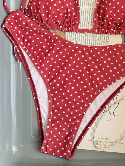 Swim Vcay 2026 Spring/Summer Women's Spaghetti Strap Halter Neck Black Base White Polka Dot Random Print Sweet Cute Side High Cut Bikini Swimwear 2-Piece Set Vacation Bikini Set Pink Bikini Set High Leg Bikini Set Modest Bikini Set Bikini Set