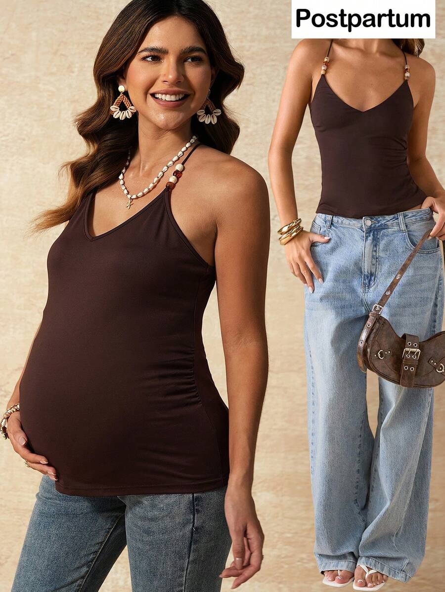 Bohemian Coffee Brown Maternity Cami Dress - Slim Fit Beaded V-Neck Knit Sundress for Vacation & Night Out