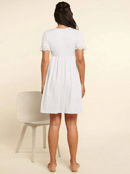 Maternity Nursing Dress - V-Neck Short Sleeve Contrast Lace, Pink
