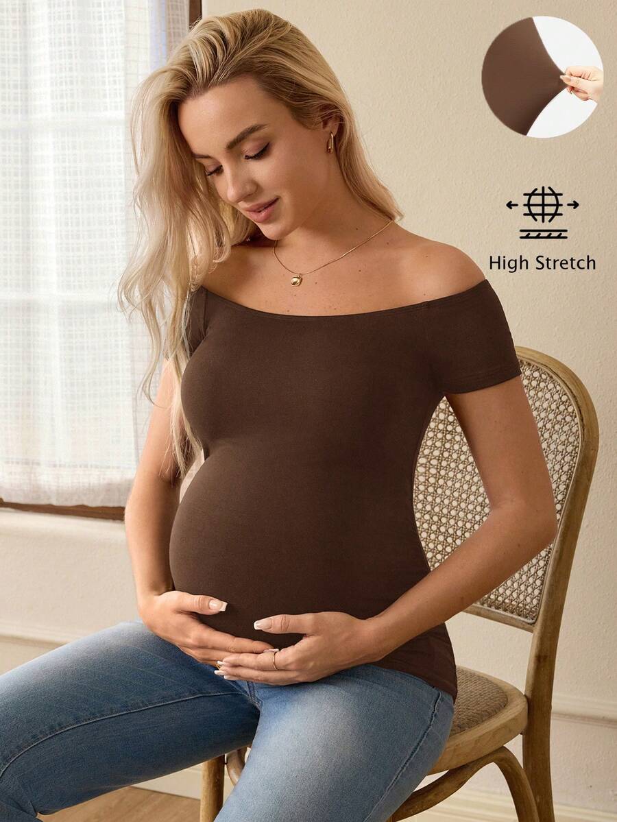 Black Off Shoulder Maternity T-Shirt - Slim Fit Knitted Short Sleeve Long Top with Rhinestone Detail and Pockets