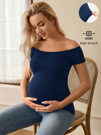Navy Blue Off Shoulder Maternity T-Shirt with Rhinestone Details Slim Fit High Stretch Short Sleeve Casual Summer Top
