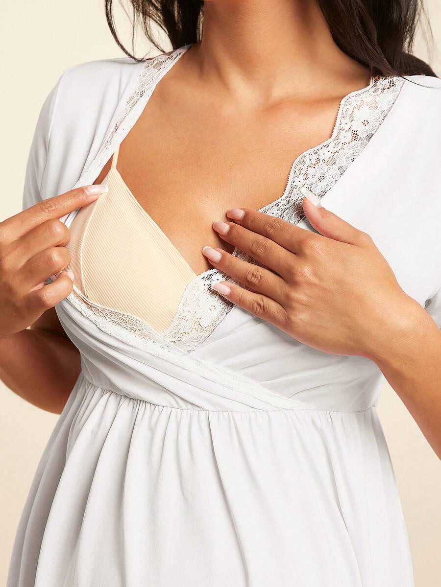 Maternity Nursing Dress - V-Neck Short Sleeve Contrast Lace, Pink