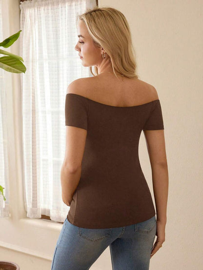 Navy Blue Off Shoulder Maternity T-Shirt with Rhinestone Details Slim Fit High Stretch Short Sleeve Casual Summer Top