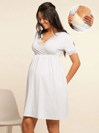 Maternity Nursing Dress - V-Neck Short Sleeve Contrast Lace, Pink