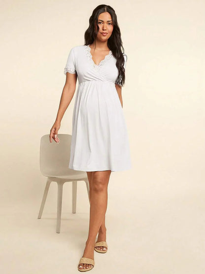 Maternity Nursing Dress - V-Neck Short Sleeve Contrast Lace, Pink