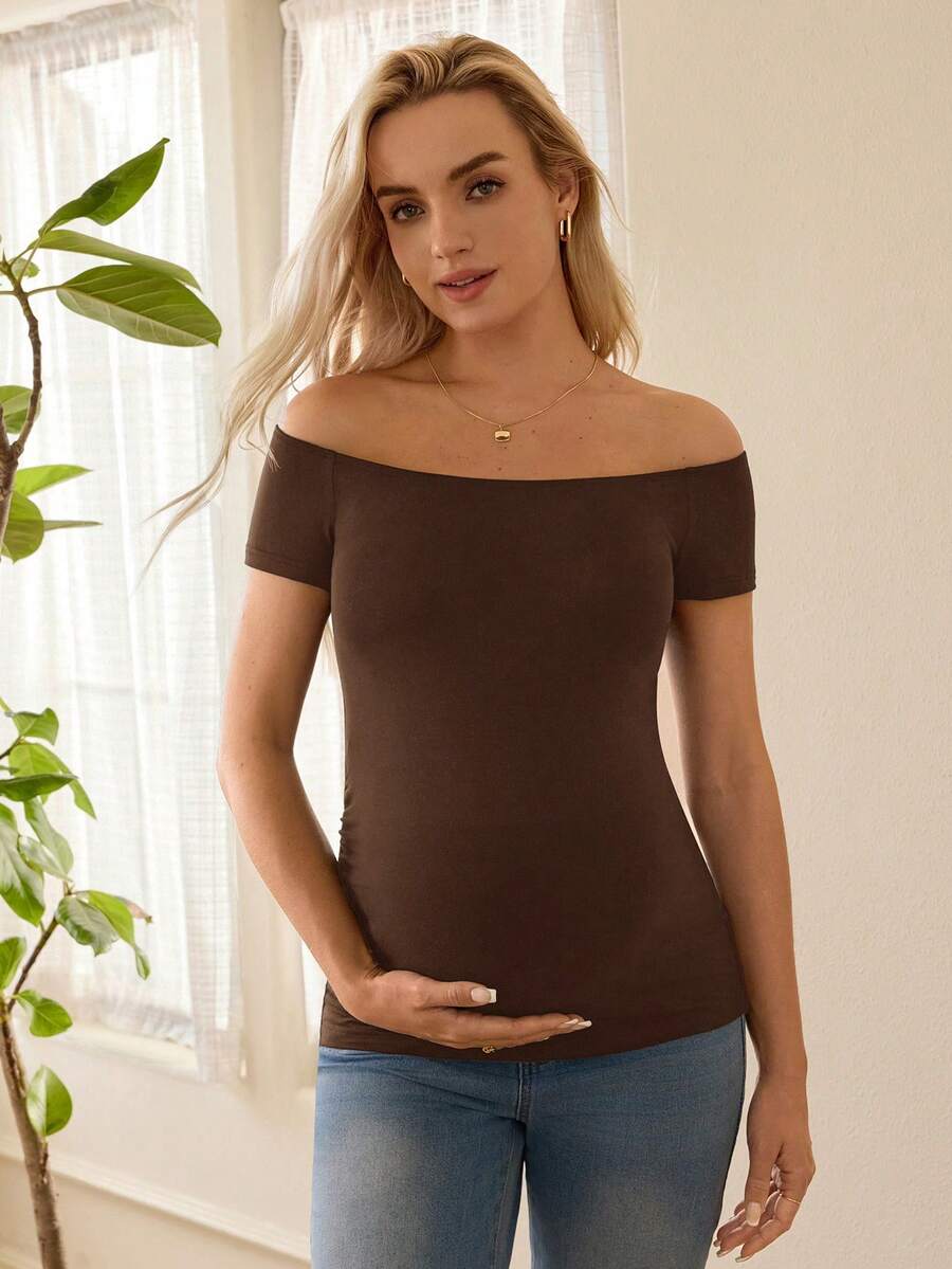 Maternity Simple Solid Off-Shoulder T-Shirt For Daily Wear