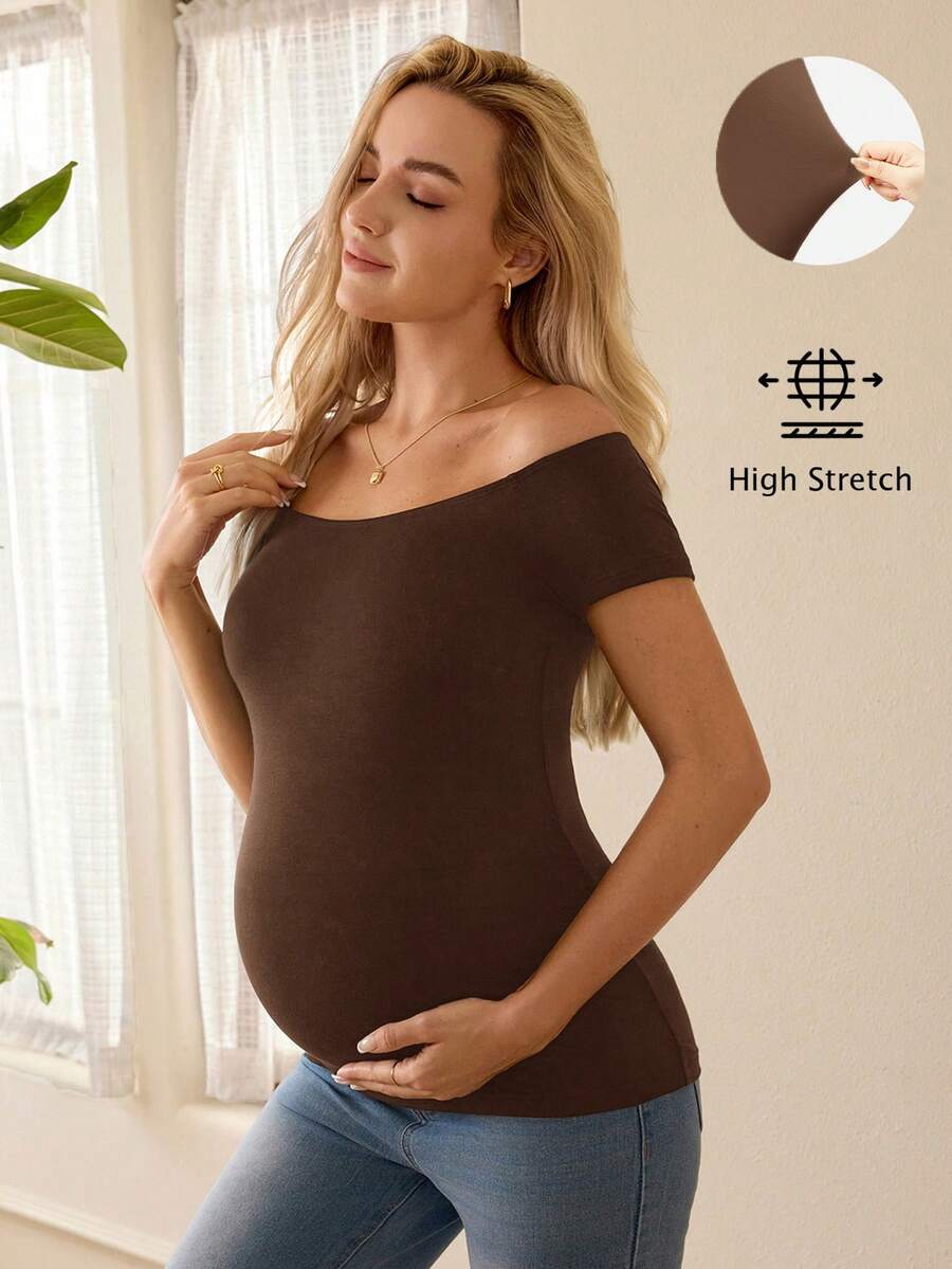 Navy Blue Off Shoulder Maternity T-Shirt with Rhinestone Details Slim Fit High Stretch Short Sleeve Casual Summer Top