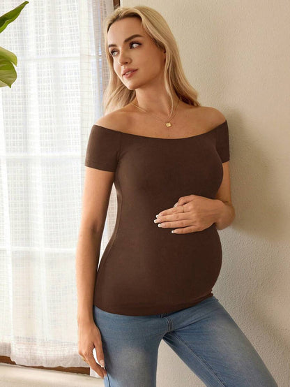 Navy Blue Off Shoulder Maternity T-Shirt with Rhinestone Details Slim Fit High Stretch Short Sleeve Casual Summer Top