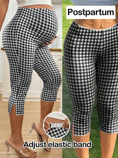 Maternity Clothes Maternity Bottoms Casual Summer Adjustable Waistband, Lace Trim At The Waistband, Black And White Checkered Maternity Leggings With A Three-Quarter Length Split. Checkered Pattern.