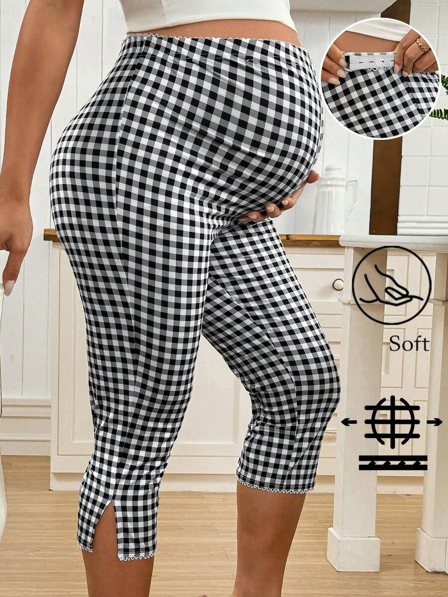 Maternity Clothes Maternity Bottoms Casual Summer Adjustable Waistband, Lace Trim At The Waistband, Black And White Checkered Maternity Leggings With A Three-Quarter Length Split. Checkered Pattern.