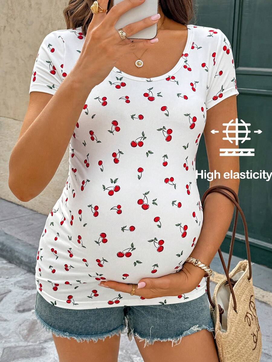 Maternity Cherry Print Short Sleeve T-Shirt Casual Scoop Neck Slim Fit Pink Summer Top with Padded Bust and Medium Stretch