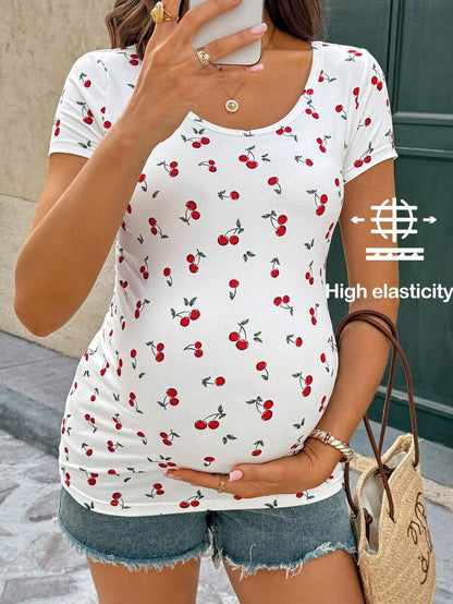 Maternity Cherry Print Short Sleeve T-Shirt Casual Scoop Neck Slim Fit Pink Summer Top with Padded Bust and Medium Stretch