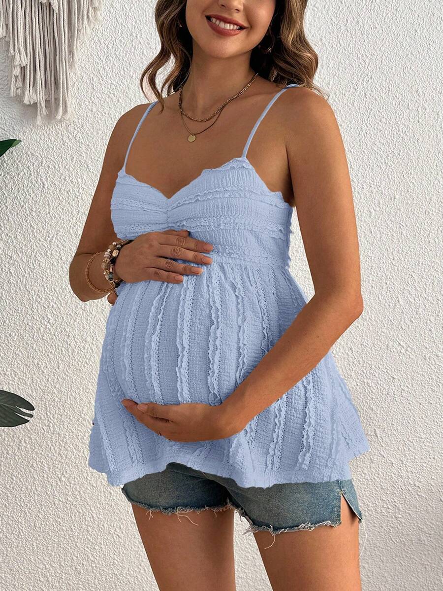 Pleated Lace Maternity Camisole - Apricot Slim Fit Ruched Spaghetti Strap Knitted Cami Top for Daily Wear