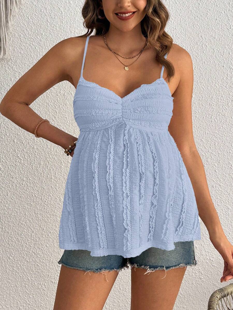 Pleated Lace Maternity Camisole - Apricot Slim Fit Ruched Spaghetti Strap Knitted Cami Top for Daily Wear
