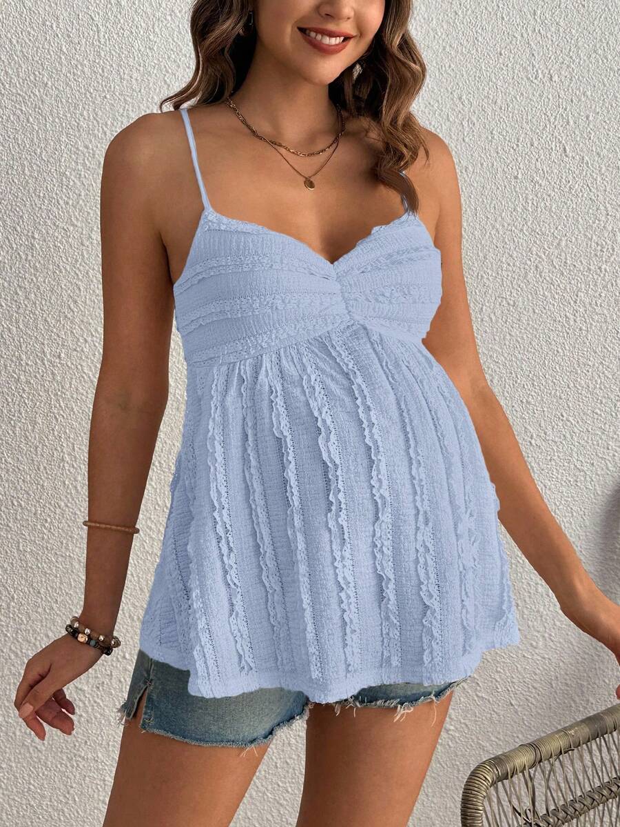 Pleated Lace Maternity Camisole - Apricot Slim Fit Ruched Spaghetti Strap Knitted Cami Top for Daily Wear