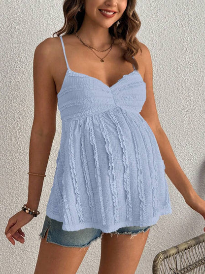 Pleated Lace Maternity Camisole - Apricot Slim Fit Ruched Spaghetti Strap Knitted Cami Top for Daily Wear