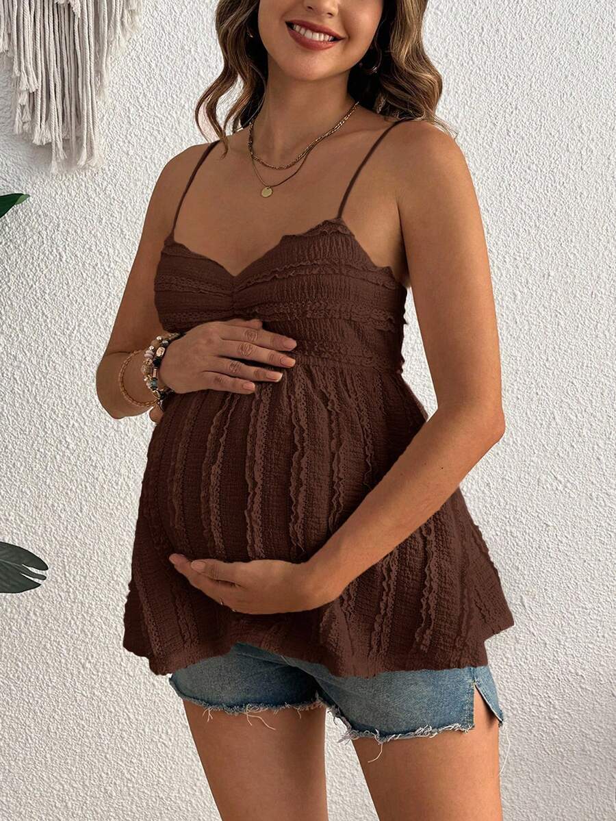Pleated Lace Maternity Camisole - Apricot Slim Fit Ruched Spaghetti Strap Knitted Cami Top for Daily Wear