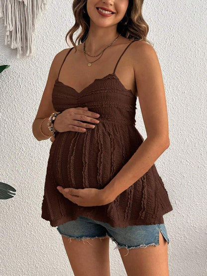 Pleated Lace Maternity Camisole - Apricot Slim Fit Ruched Spaghetti Strap Knitted Cami Top for Daily Wear