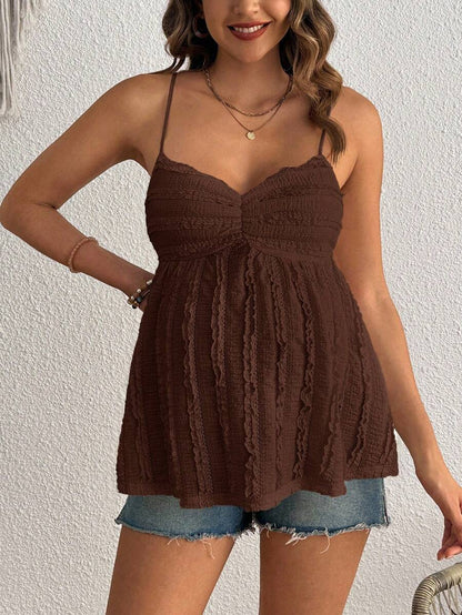 Pleated Lace Maternity Camisole - Apricot Slim Fit Ruched Spaghetti Strap Knitted Cami Top for Daily Wear