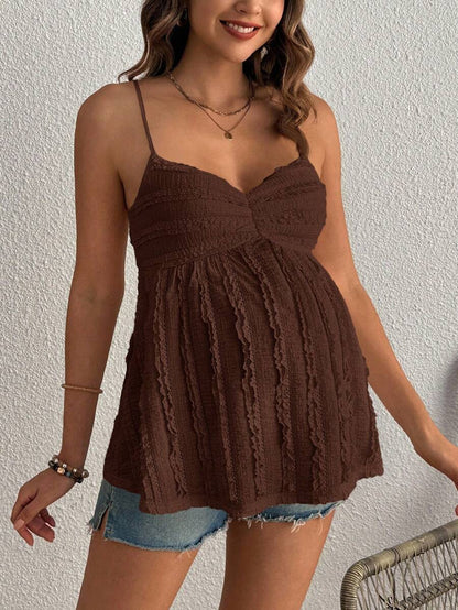 Pleated Lace Maternity Camisole - Apricot Slim Fit Ruched Spaghetti Strap Knitted Cami Top for Daily Wear
