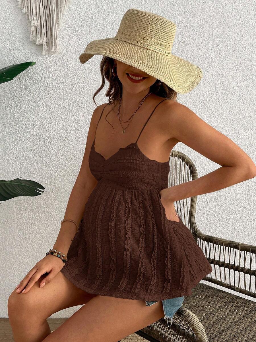 Pleated Lace Maternity Camisole - Apricot Slim Fit Ruched Spaghetti Strap Knitted Cami Top for Daily Wear