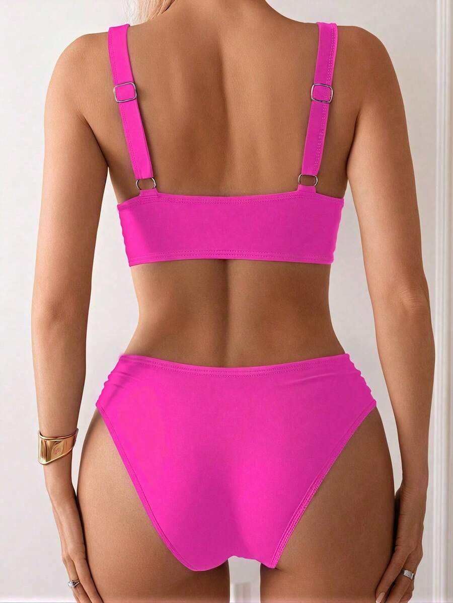 Women's 2-Piece Striped Bikini Set - Cross Wrap Bust, High Waist, Deep V Neck, Blue
