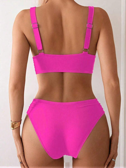Women's 2-Piece Striped Bikini Set - Cross Wrap Bust, High Waist, Deep V Neck, Blue