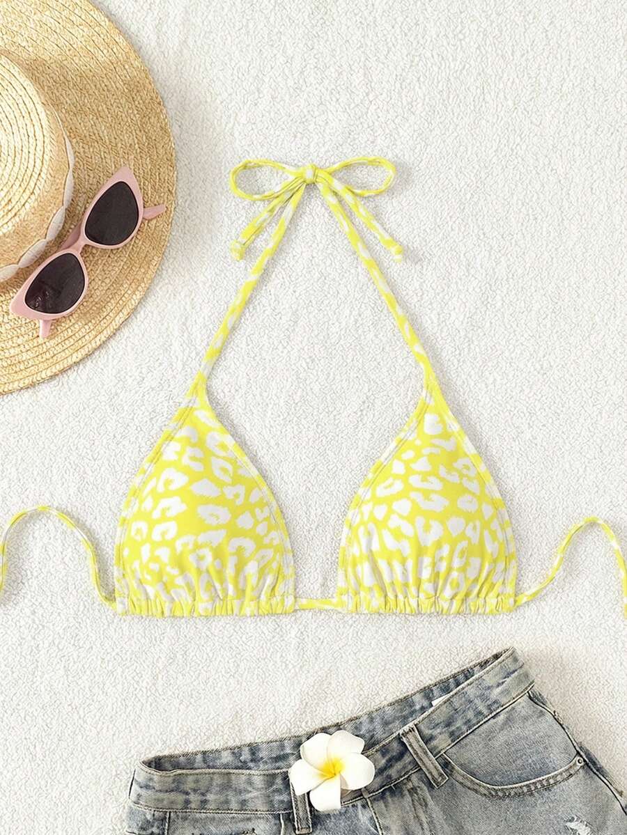 Swim Vcay 1pc Women's Leopard Print Halter Bikini Top For Summer Beach Vacation
