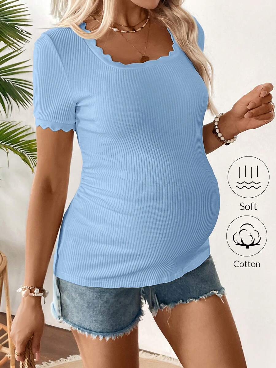 Maternity Square Neck Ribbed Short Sleeve T-Shirt - Slim Fit Cotton Knit Casual Tee with Scallop Trim Details