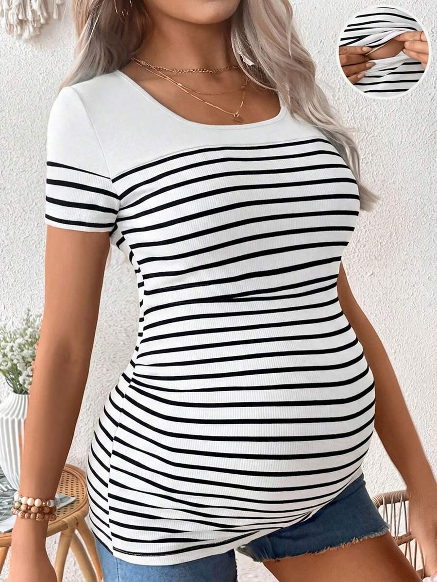 Maternity Colorblock Striped Short Sleeve Nursing T-Shirt - Slim Fit Rib-Knit Breastfeeding Scoop Neck Top
