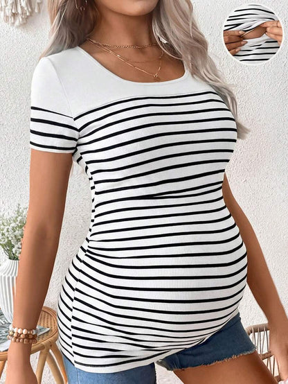 Maternity Colorblock Striped Short Sleeve Nursing T-Shirt - Slim Fit Rib-Knit Breastfeeding Scoop Neck Top