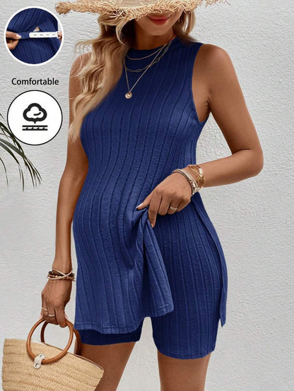 Maternity 2-Piece Striped Camisole and Shorts Set High Stretch Round Neck Side Slit Casual Summer Lounge Outfit