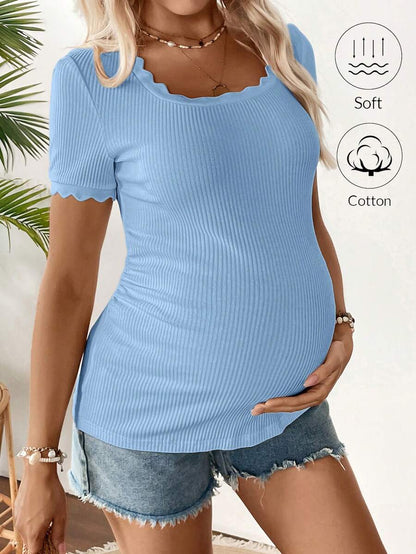 Maternity Square Neck Ribbed Short Sleeve T-Shirt - Slim Fit Cotton Knit Casual Tee with Scallop Trim Details