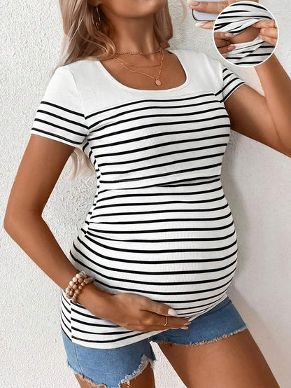 Maternity Striped Short Sleeve Nursing T-Shirt Brown Scoop Neck High Stretch Slim Fit Casual Summer Beach Nursing Top