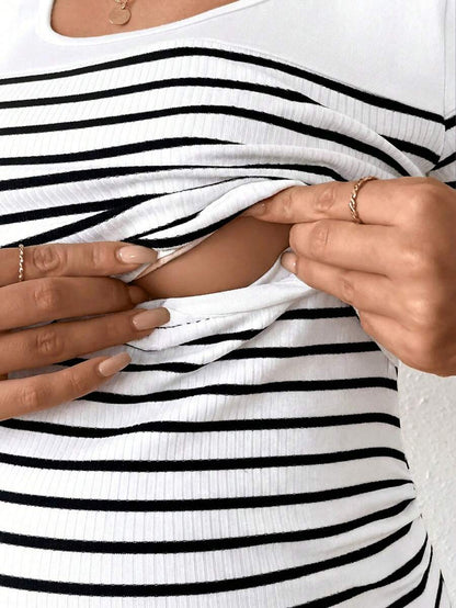 Maternity Striped Short Sleeve Nursing T-Shirt Brown Scoop Neck High Stretch Slim Fit Casual Summer Beach Nursing Top