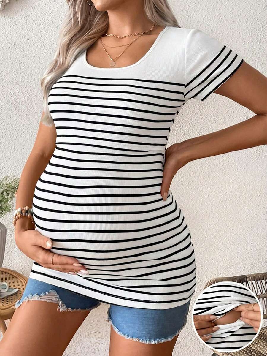 Maternity Colorblock Striped Short Sleeve Nursing T-Shirt - Slim Fit Rib-Knit Breastfeeding Scoop Neck Top
