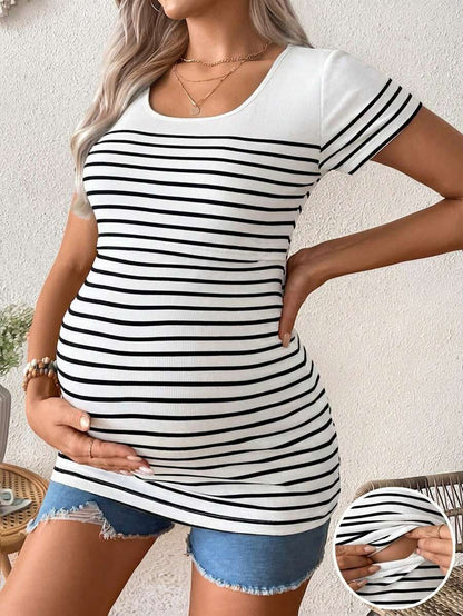 Maternity Striped Short Sleeve Nursing T-Shirt Brown Scoop Neck High Stretch Slim Fit Casual Summer Beach Nursing Top