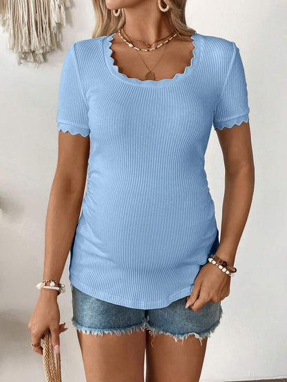 Maternity Square Neck Ribbed Short Sleeve T-Shirt - Slim Fit Cotton Knit Casual Tee with Scallop Trim Details