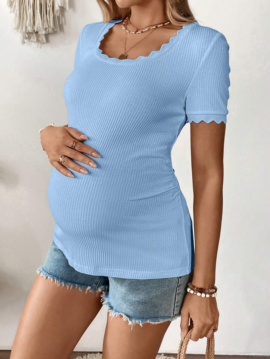 Maternity Square Neck Ribbed Short Sleeve T-Shirt - Slim Fit Cotton Knit Casual Tee with Scallop Trim Details