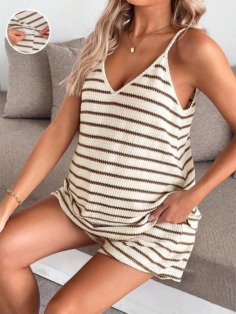 Maternity Striped V-Neck Camisole and Shorts Set Navy Blue Summer Maternity Romper Outfit for Beach and Vacation