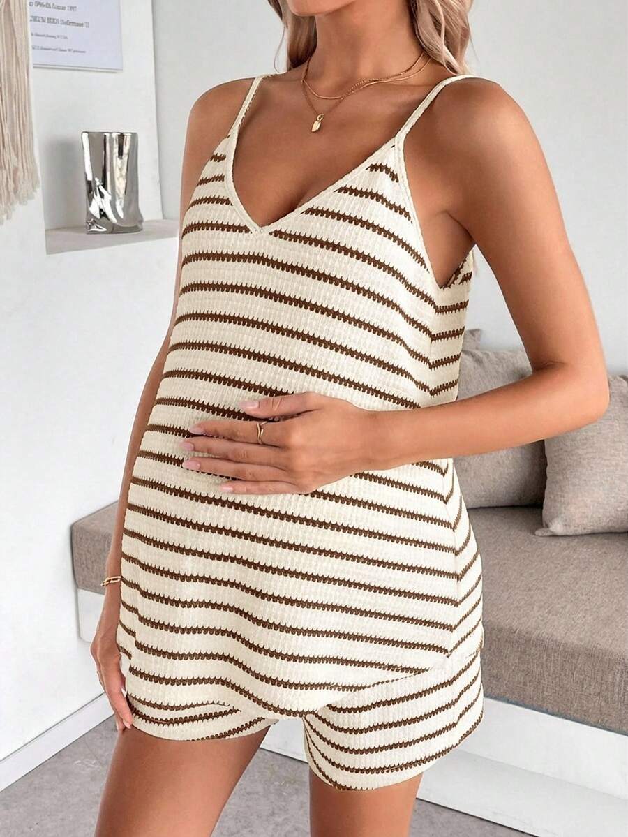 Maternity Striped V-Neck Camisole and Shorts Set Navy Blue Summer Maternity Romper Outfit for Beach and Vacation