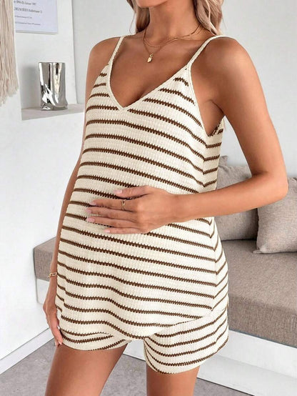 Maternity Striped V-Neck Camisole and Shorts Set Navy Blue Summer Maternity Romper Outfit for Beach and Vacation