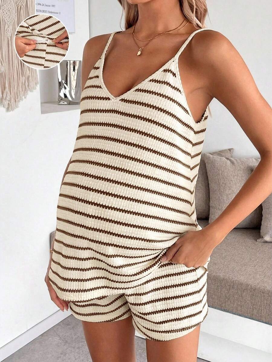 Maternity Striped V-Neck Camisole and Shorts Set Navy Blue Summer Maternity Romper Outfit for Beach and Vacation