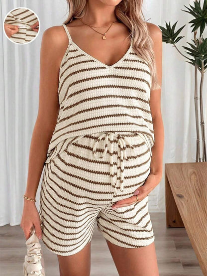 Maternity Striped V-Neck Camisole and Shorts Set Navy Blue Summer Maternity Romper Outfit for Beach and Vacation